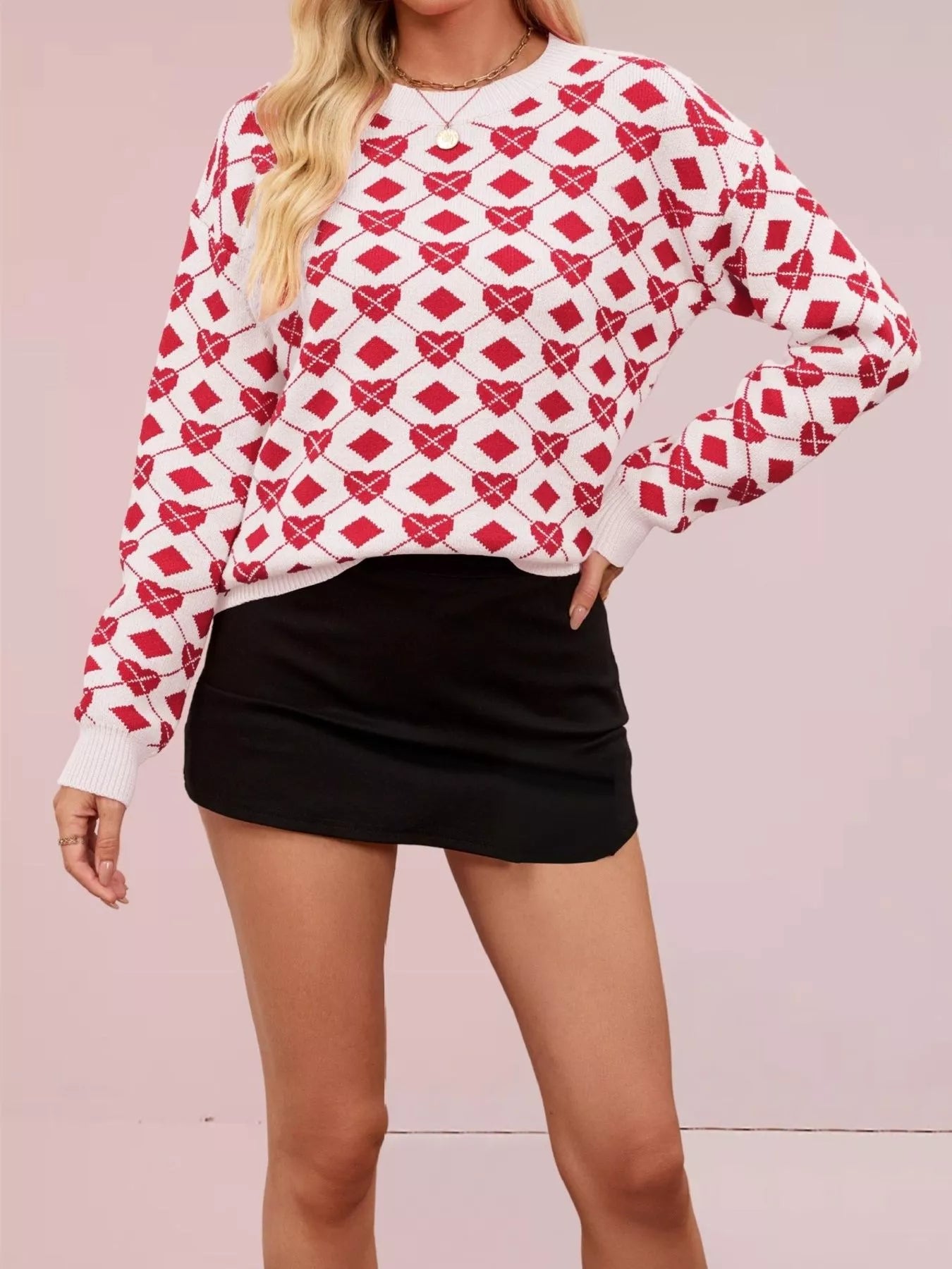 Heart Pattern Argyle Knit Long Sleeve Sweater
