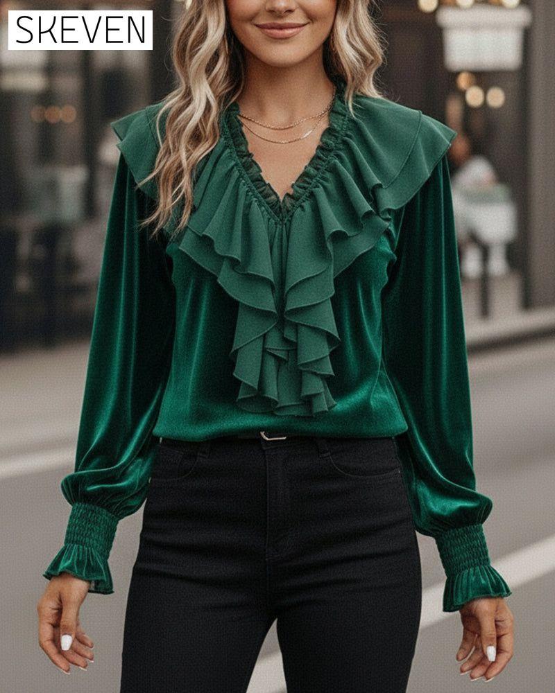 Ruffled V-Neck Long-Sleeved Velvet Top