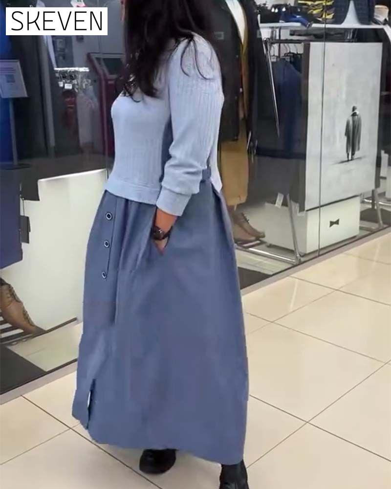 Casual Color-Blocked Round Neck Dress