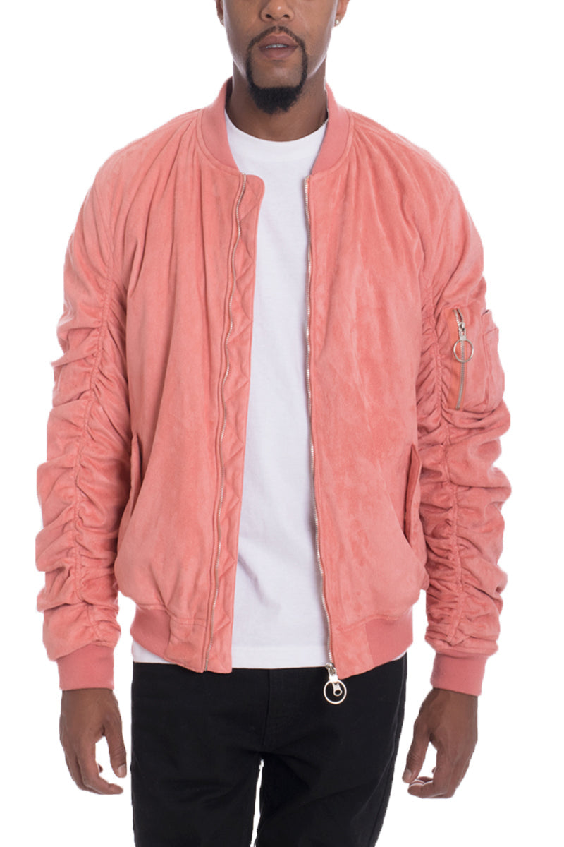 Faux Suede Bomber Jacket with Utility Sleeve Pocket