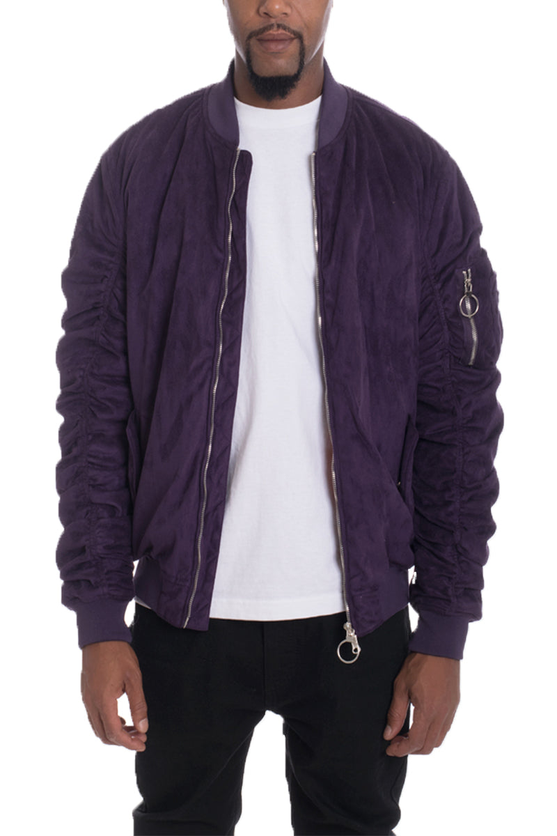 Faux Suede Bomber Jacket with Utility Sleeve Pocket