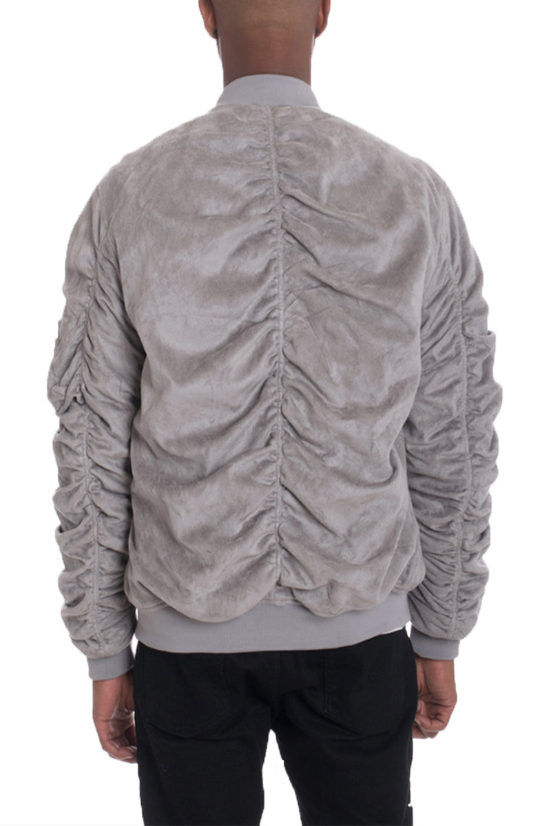 Faux Suede Bomber Jacket with Utility Sleeve Pocket