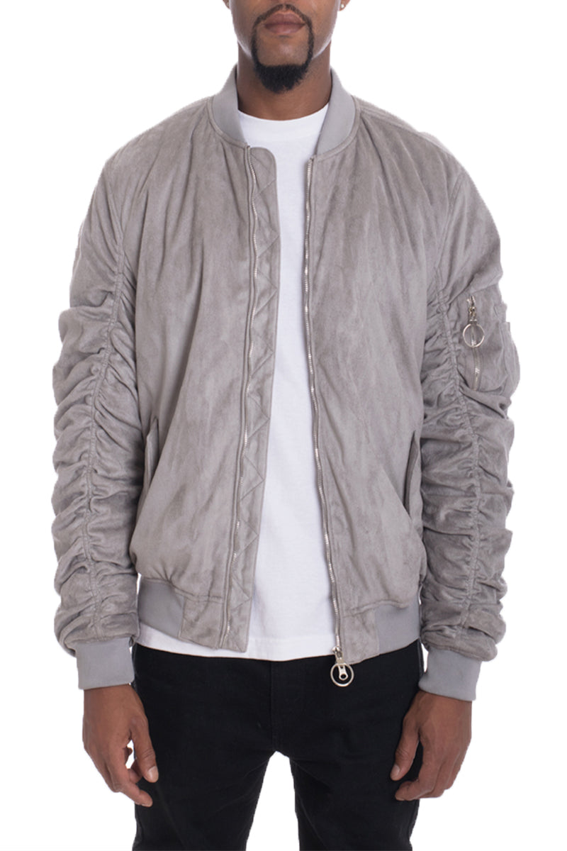 Faux Suede Bomber Jacket with Utility Sleeve Pocket