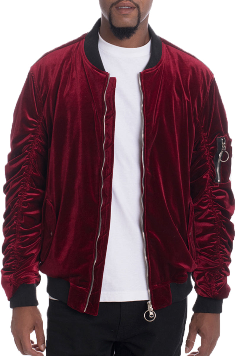 Velour Bomber Jacket with Zipper Pocket & Ribbed Trim