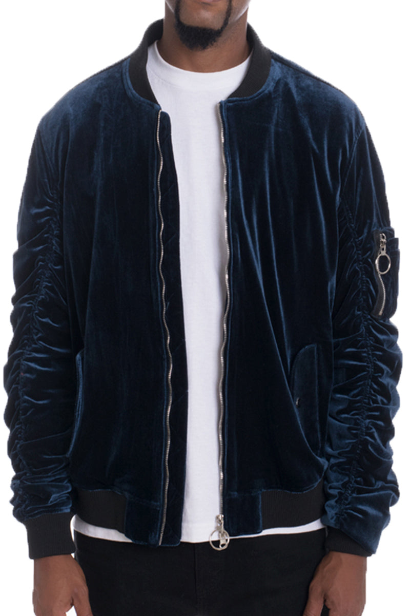 Velour Bomber Jacket with Zipper Pocket & Ribbed Trim