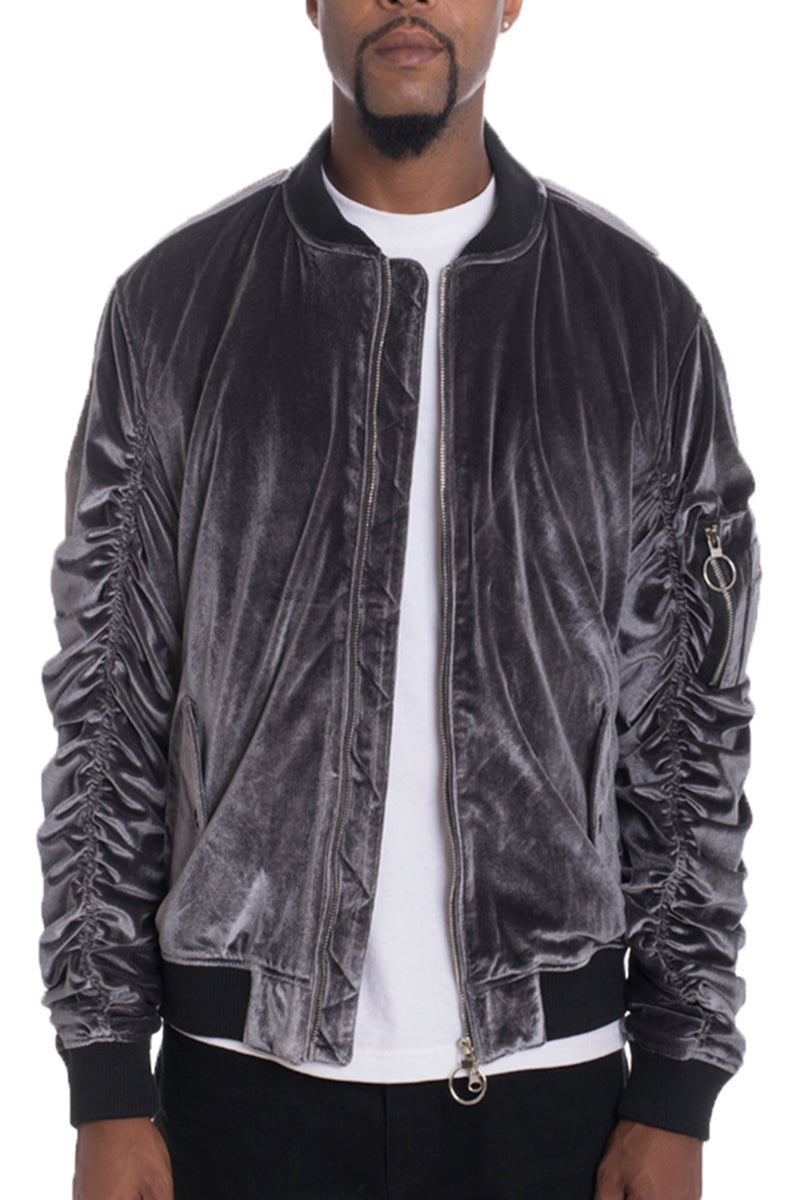 Velour Bomber Jacket with Zipper Pocket & Ribbed Trim