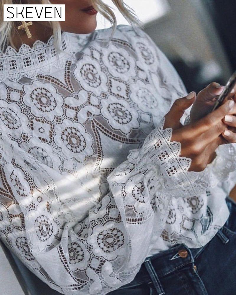 Sexy See-Through Long-Sleeved Stand-Collar Lace Blouse