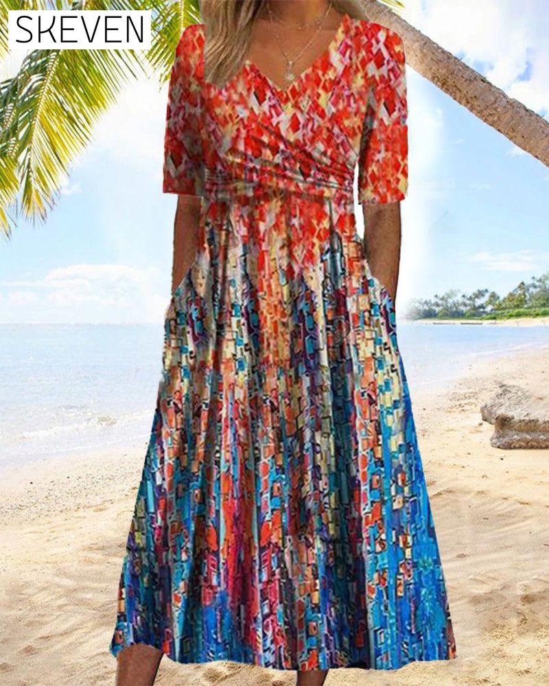 V-neck pocket printed resort dress