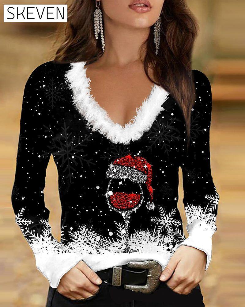 Bedrucktes Langarmshirt mit V-Ausschnitt