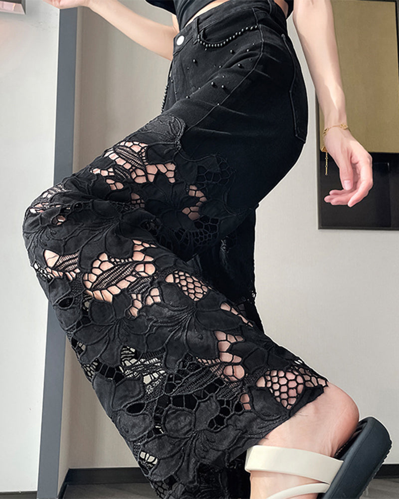 Women's Rhinestone Cutout Wide-Leg Jeans