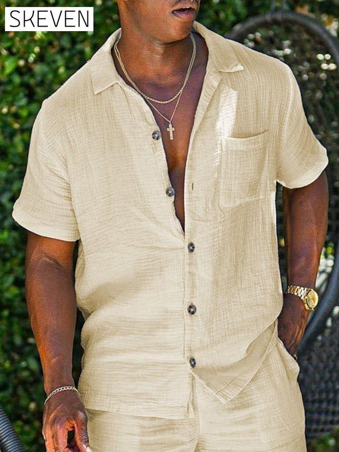 Men's Casual Solid Color Short Sleeve Cotton Shirt men s linens