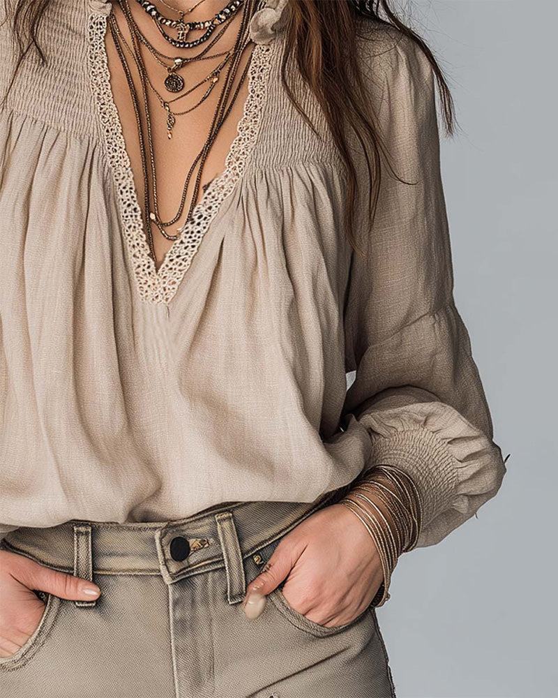 Deep V Neck Puff Sleeve Blouse