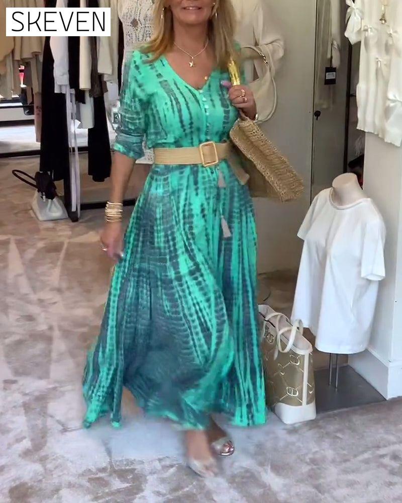 Printed V-neck button-down maxi dress