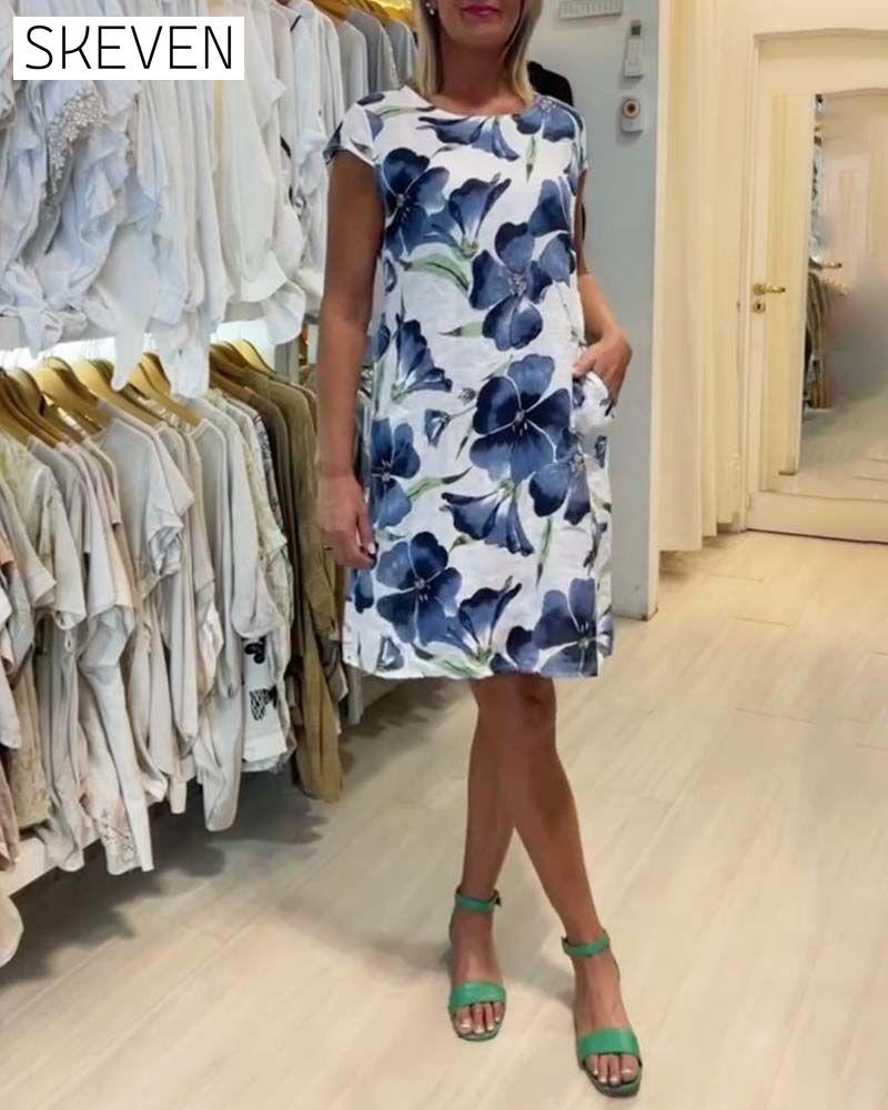 Floral print pocket short sleeve dress