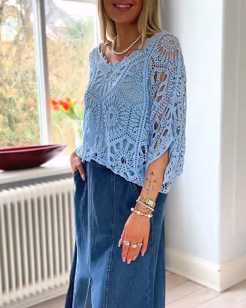 Solid V-Neck Cut-Out Knit Cover-Up Pullover