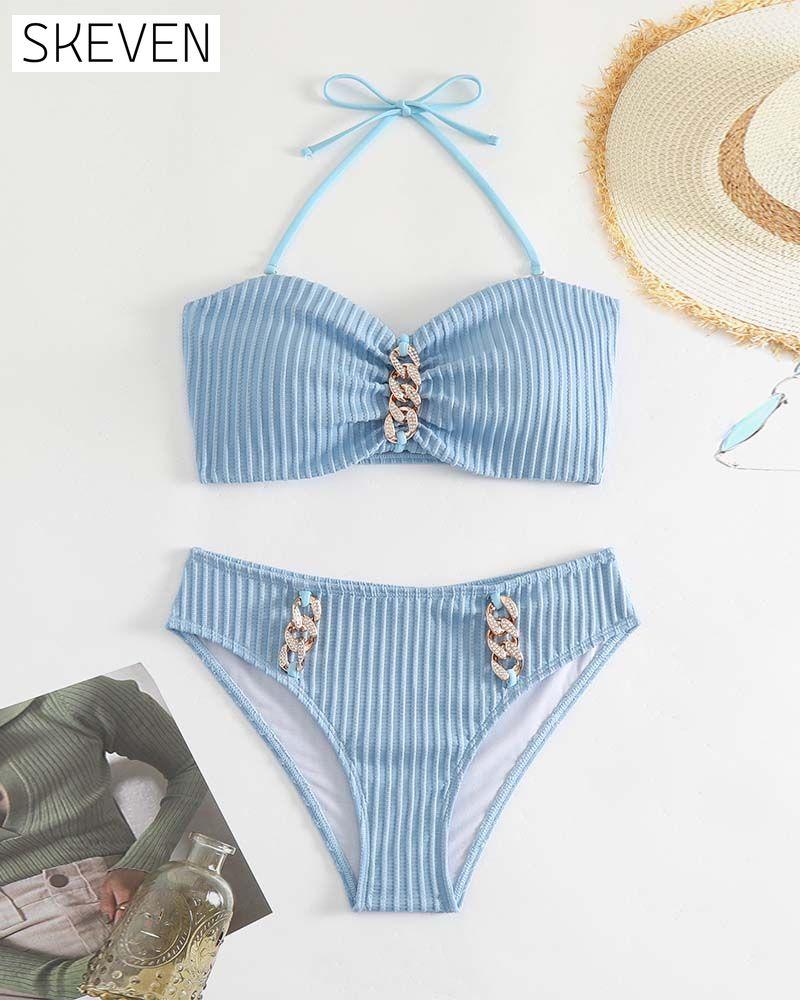 Halter Solid Color Striped Swimsuit