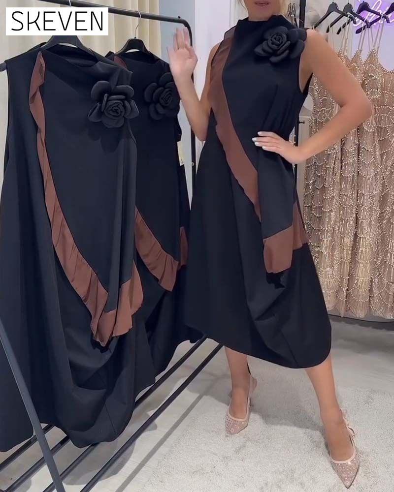 Ärmelloses Kleid mit 3D-Blütenblatt-Rüschen und Farbblock-Design