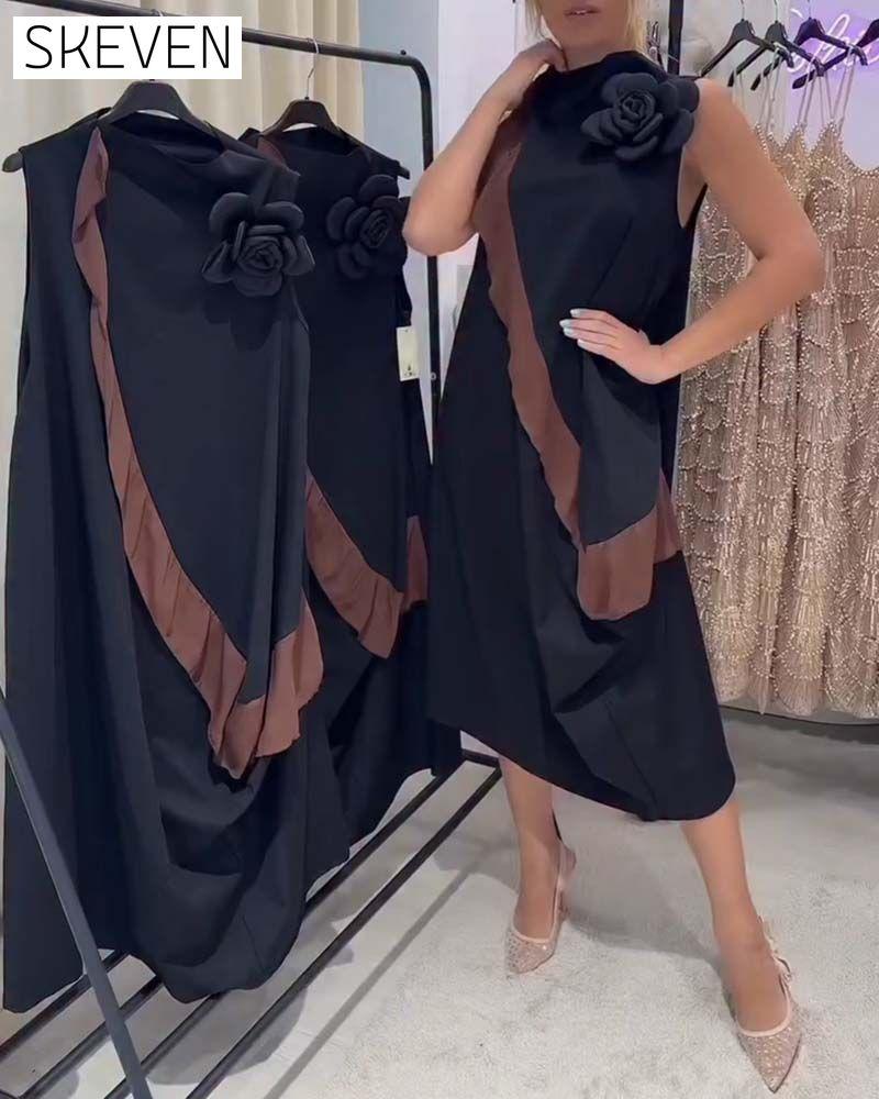 Ärmelloses Kleid mit 3D-Blütenblatt-Rüschen und Farbblock-Design