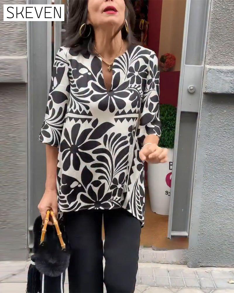 Vintage-Bluse mit halben Ärmeln und Print