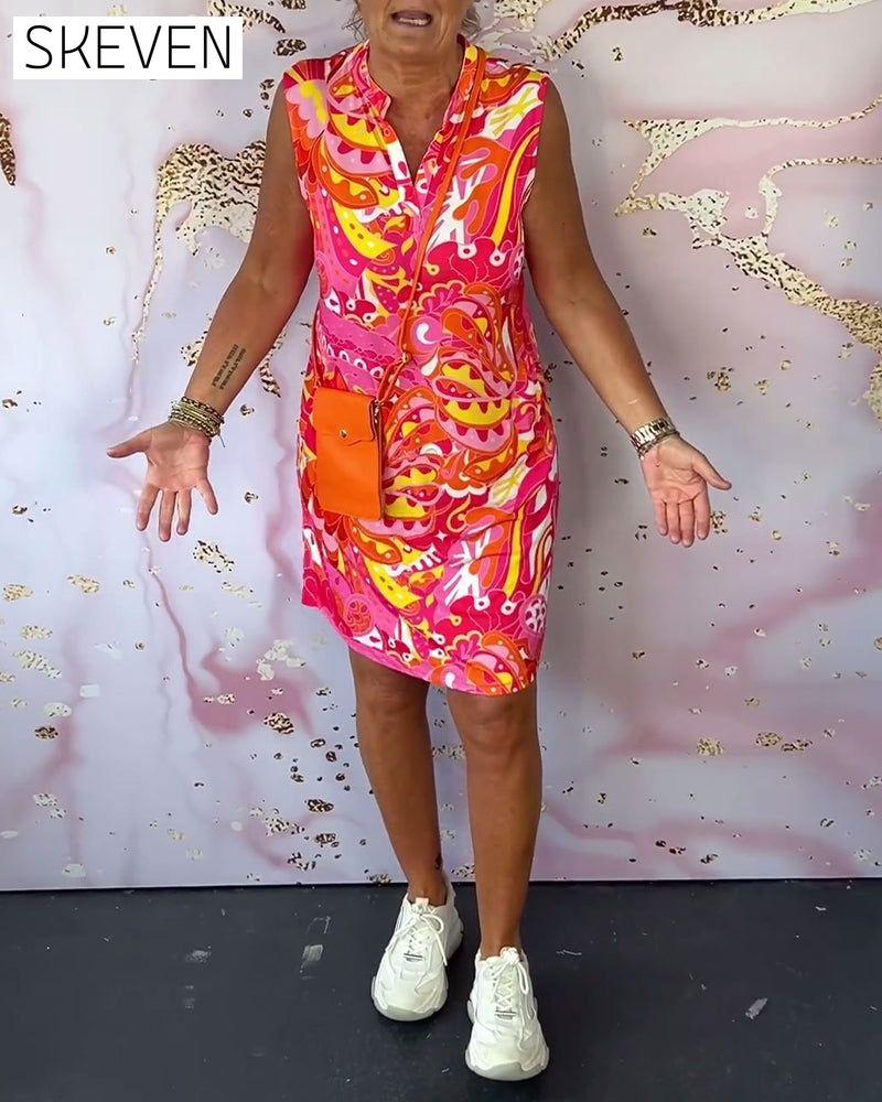 Elegantes, ärmelloses Kleid mit Print und V-Ausschnitt