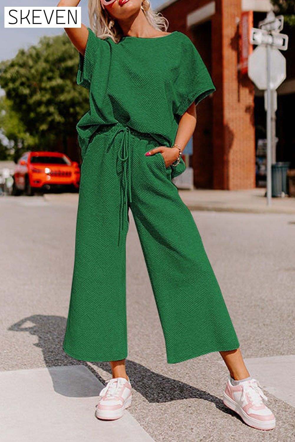 Dark Green Textured Loose Fit T Shirt and Drawstring Pants Set Dark Green 95%Polyester+5%Elastane 2 pieces Best Sellers clothes EDM Homewear EDM Monthly Recomend Fabric Ribbed lounge wear Occasion Home pants set Print Solid Color Season Summer sets Silhouette Wide Leg Style Casual