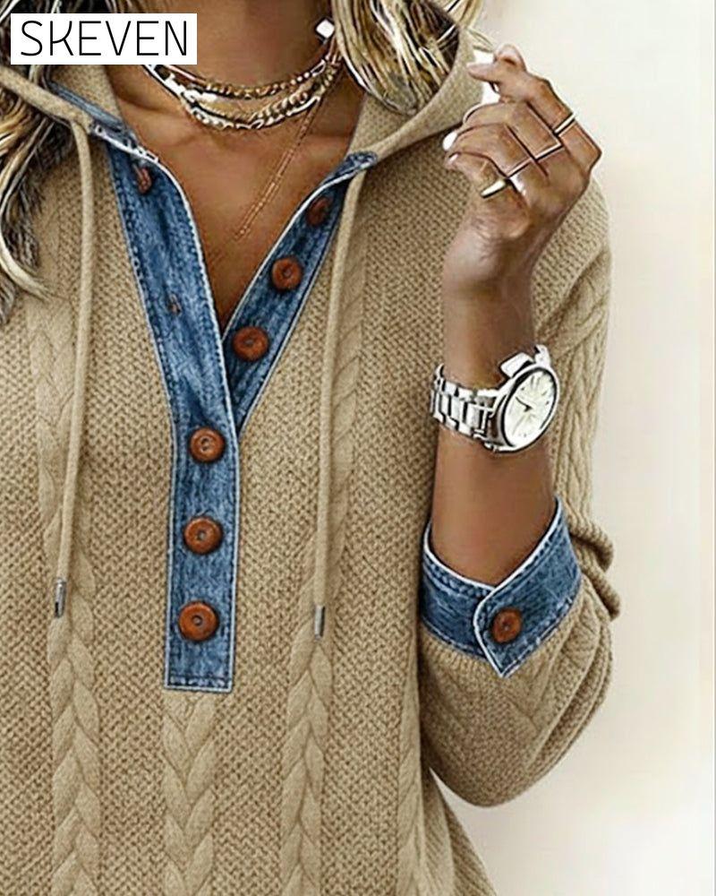 Color-Blocked Button Long-Sleeved Hooded