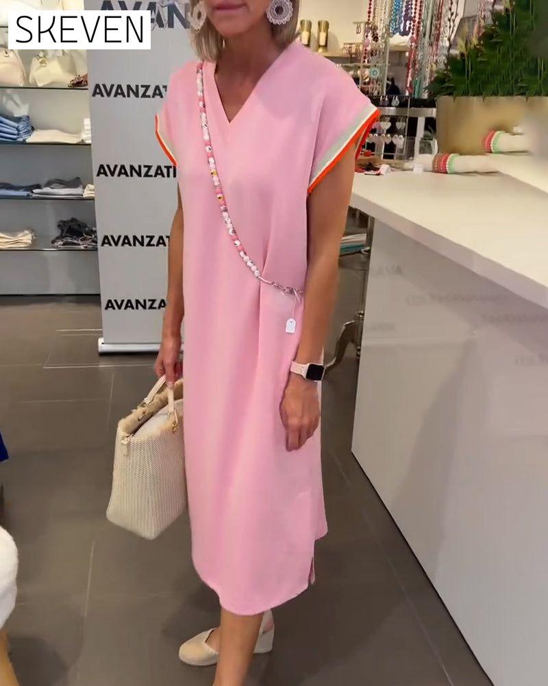 Robe décontractée fendue à manches en V et col en V, manches en feuille de lotus