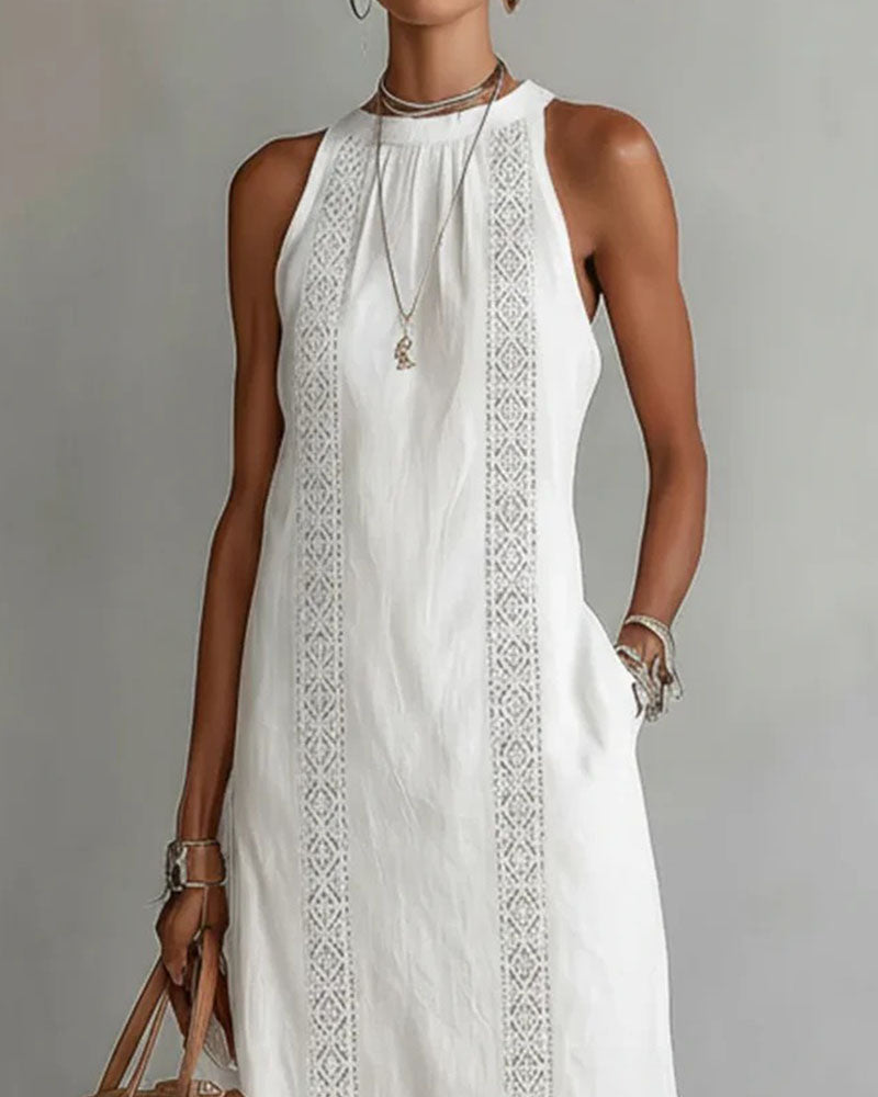 Sleeveless Lace Patchwork Linen Cotton Midi Dress