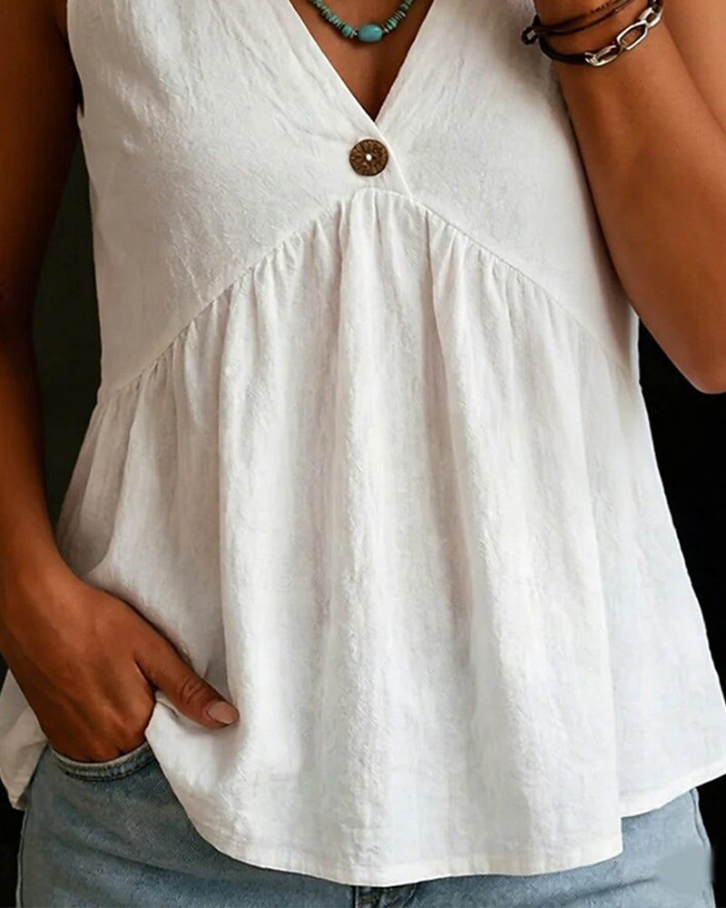 V-Neck Single Button Pleated Sleeveless Tank Top