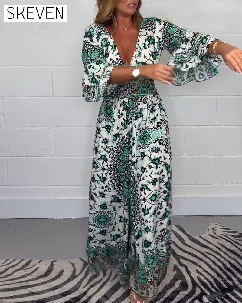 Printed deep V-neck jumpsuit jumpsuits spring summer