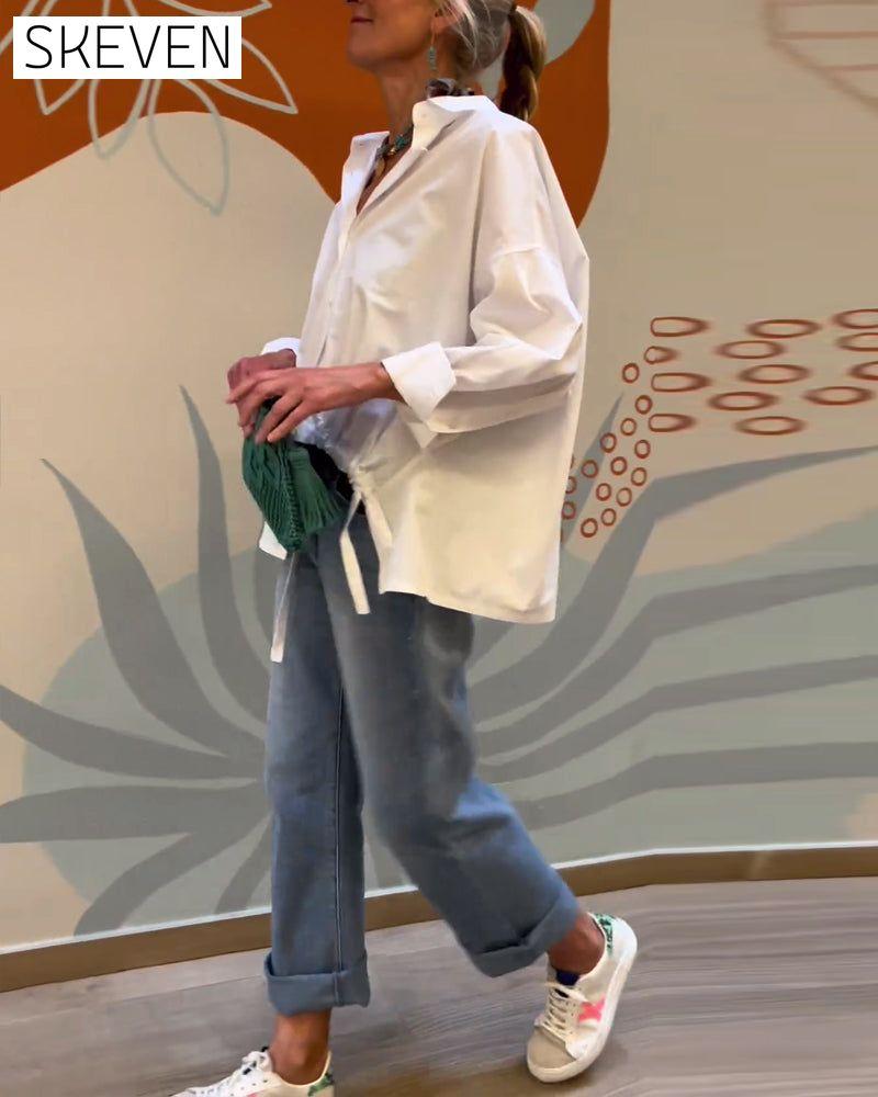 Commuting solid color lapel top Blouses & Shirts Cotton and Linen Spring