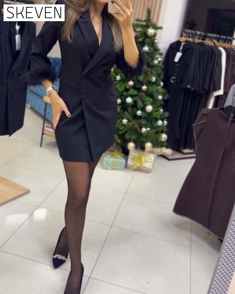 Ostrich Feather Hot-Fix Crystals Double-Breasted Blazer Dress