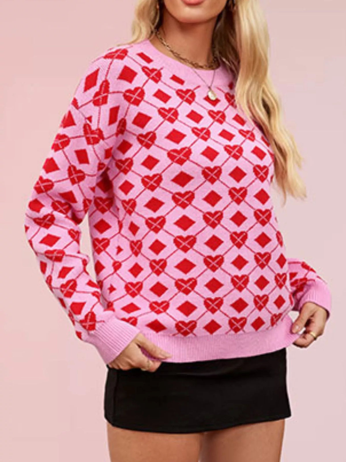 Heart Pattern Argyle Knit Long Sleeve Sweater