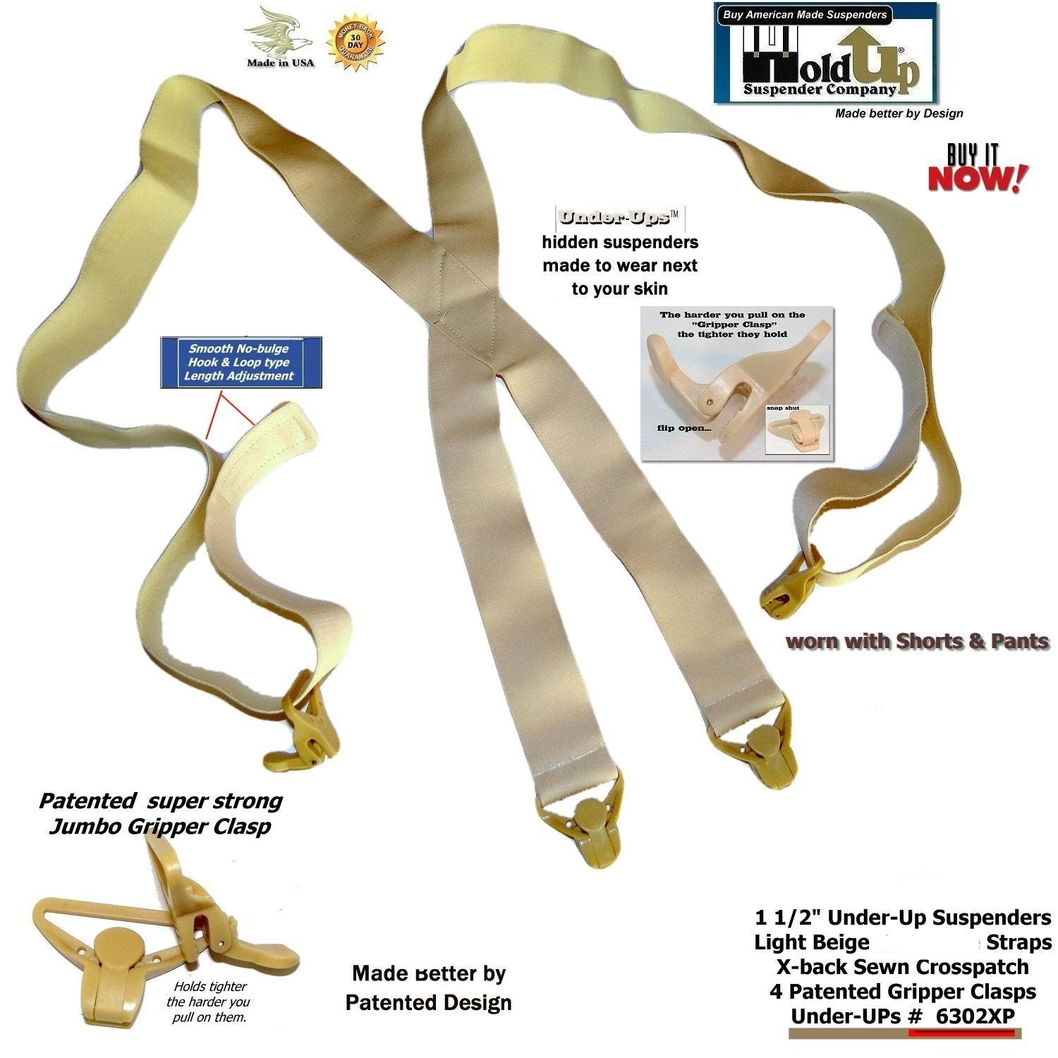 Holdup Brand Under-Up Series light tan hidden 1 1/2" Wide Suspenders with patented Tan Gripper Clasp