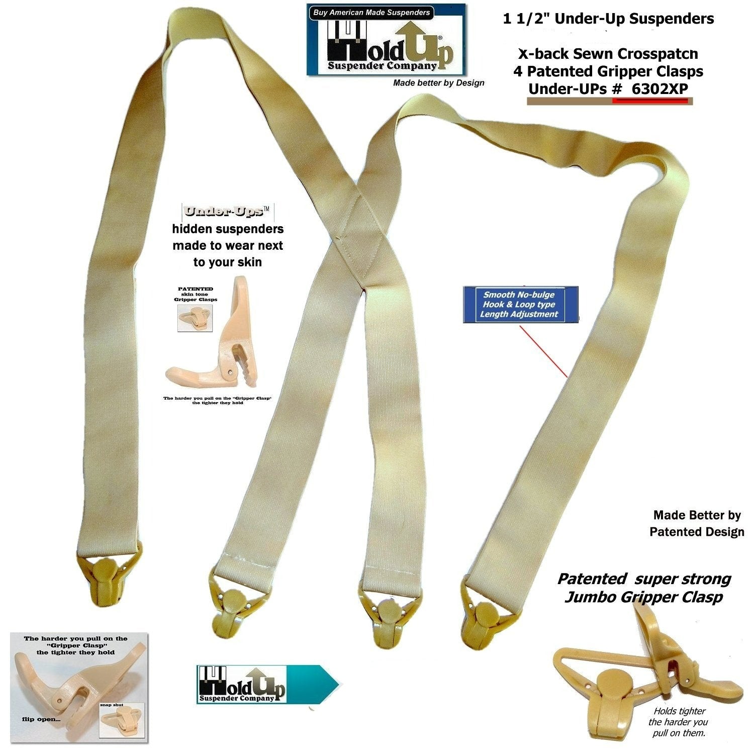 Holdup Brand Under-Up Series light tan hidden 1 1/2" Wide Suspenders with patented Tan Gripper Clasp