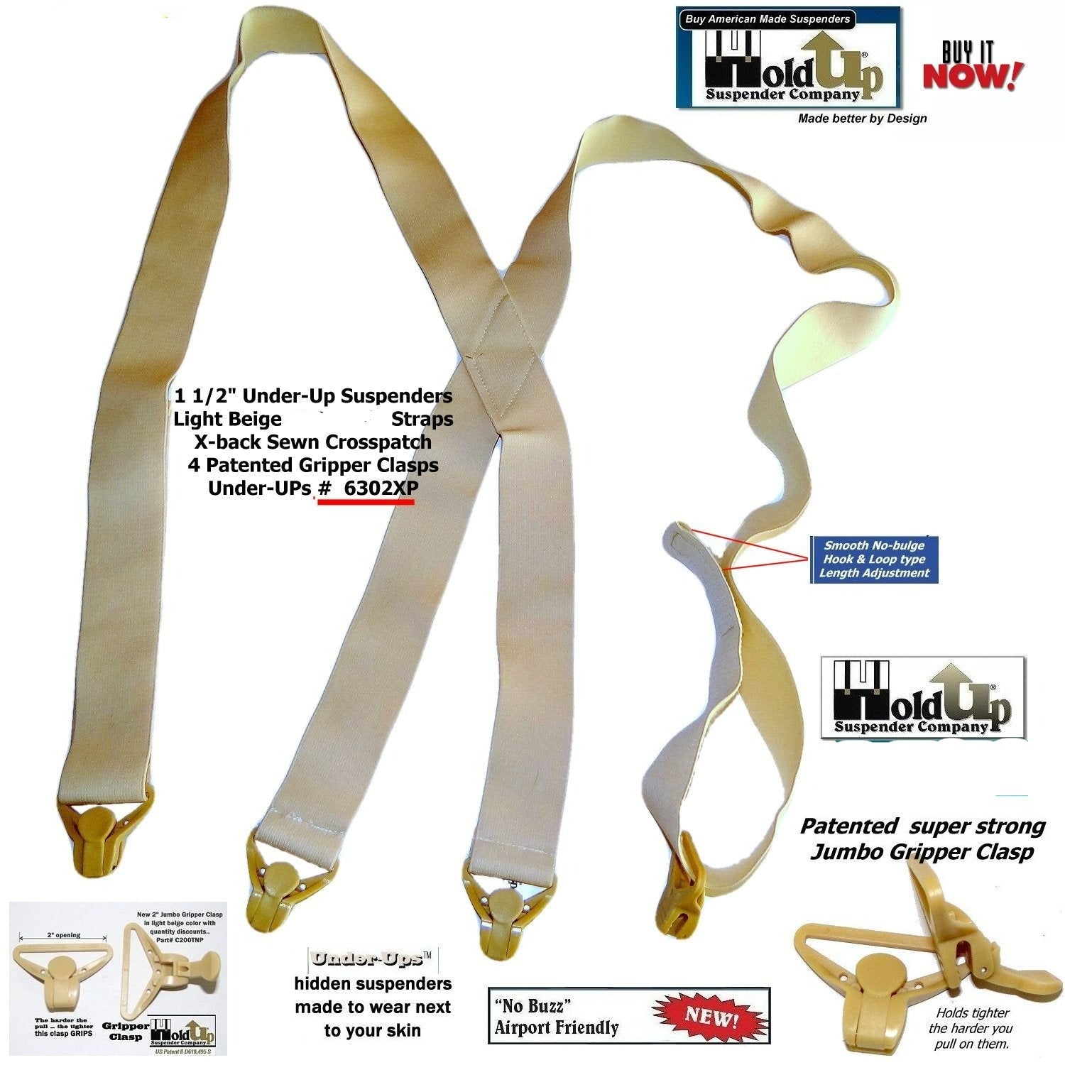 Holdup Brand Under-Up Series light tan hidden 1 1/2" Wide Suspenders with patented Tan Gripper Clasp