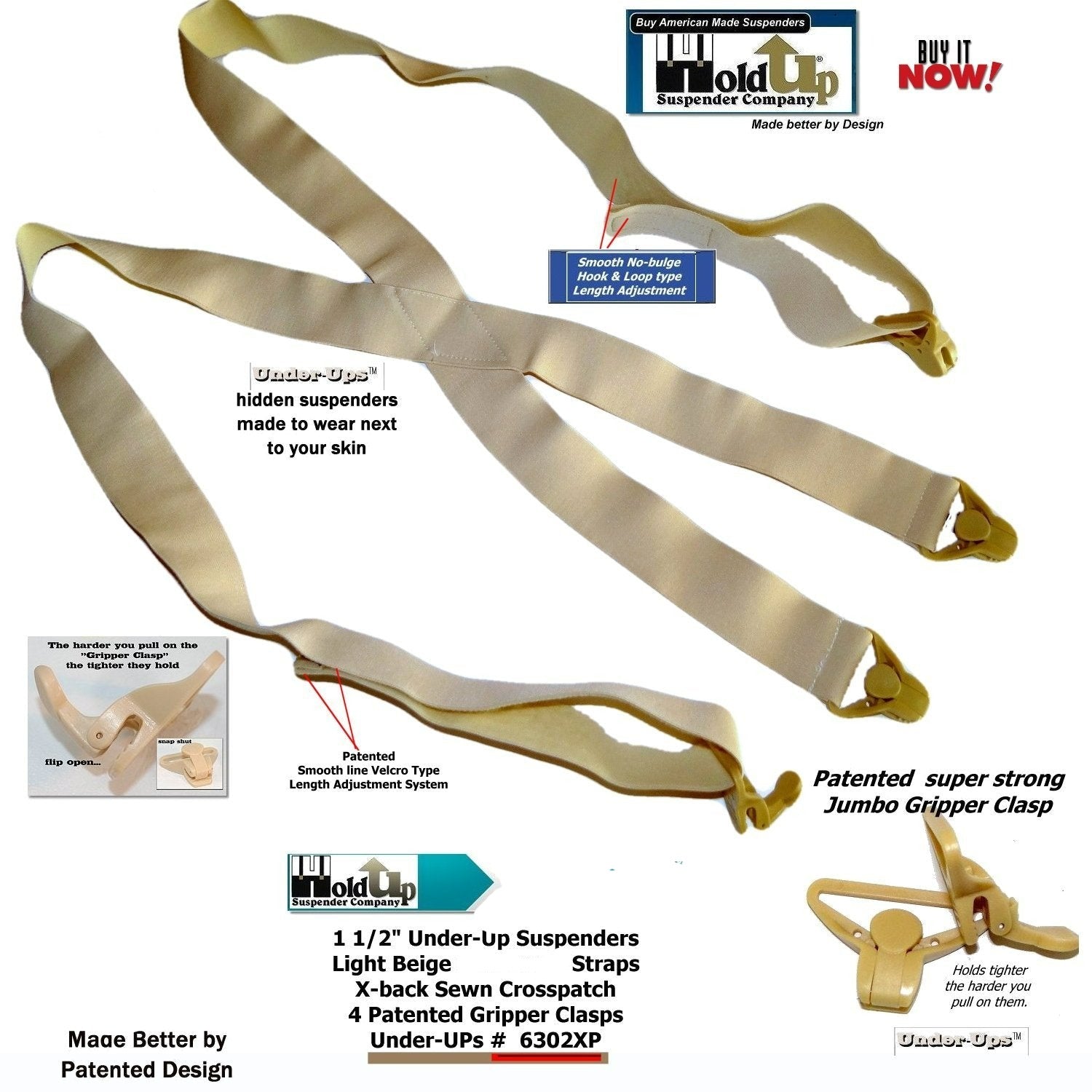 Holdup Brand Under-Up Series light tan hidden 1 1/2" Wide Suspenders with patented Tan Gripper Clasp