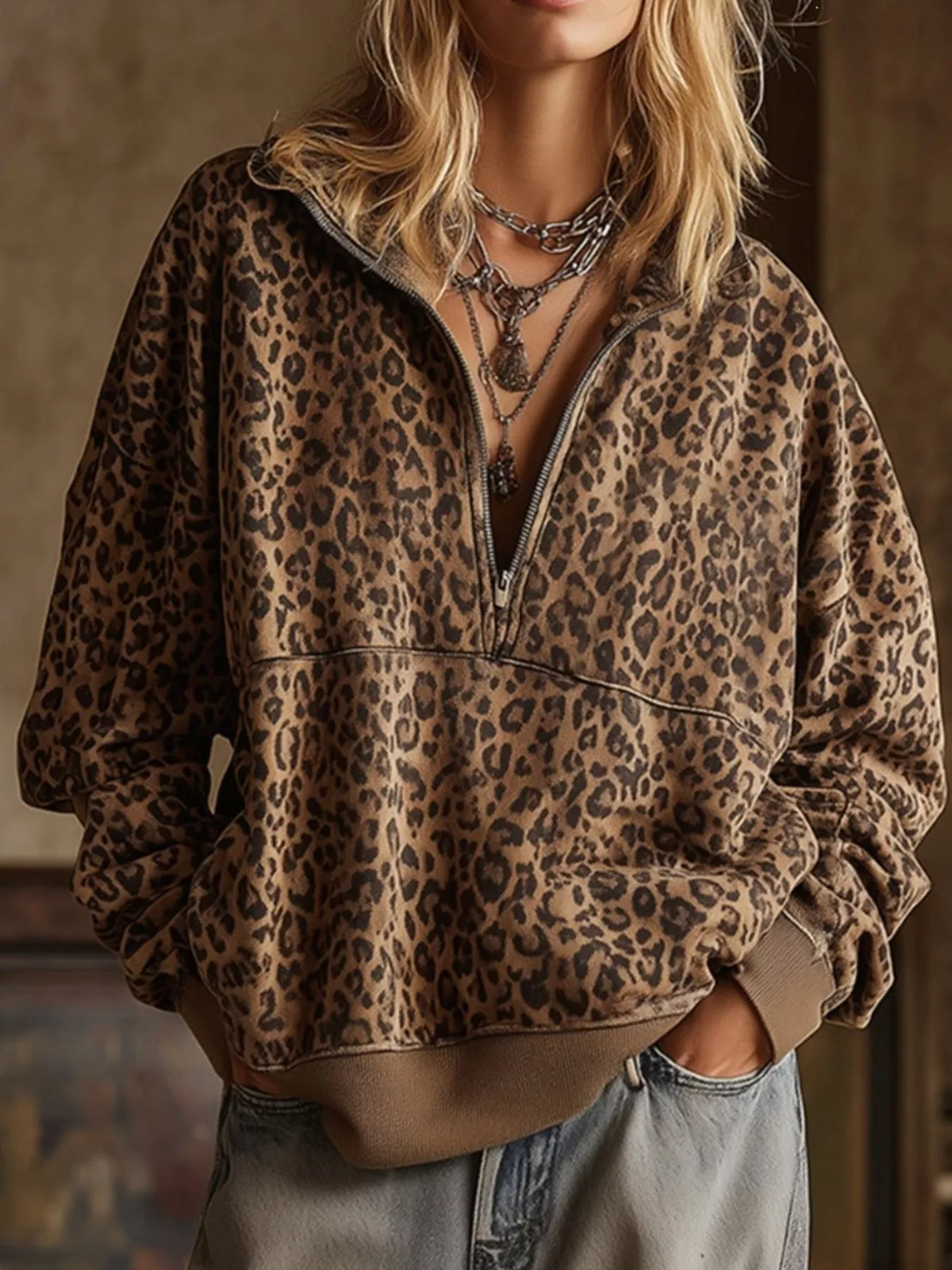 Leopard Half Zip Oversized Sweatshirt