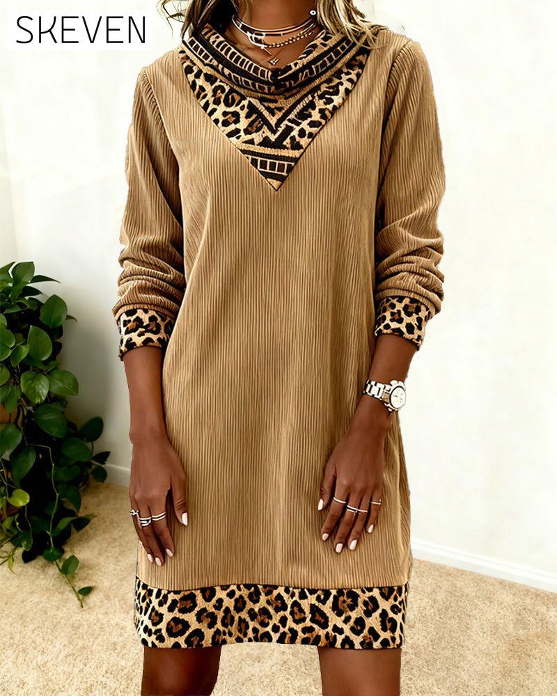 Swing Collar Leopard Print Corduroy Dress
