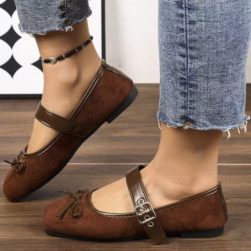 Mary Jane Women's French-style Large-size Square-toe Flat Shoes With A Bow Detail