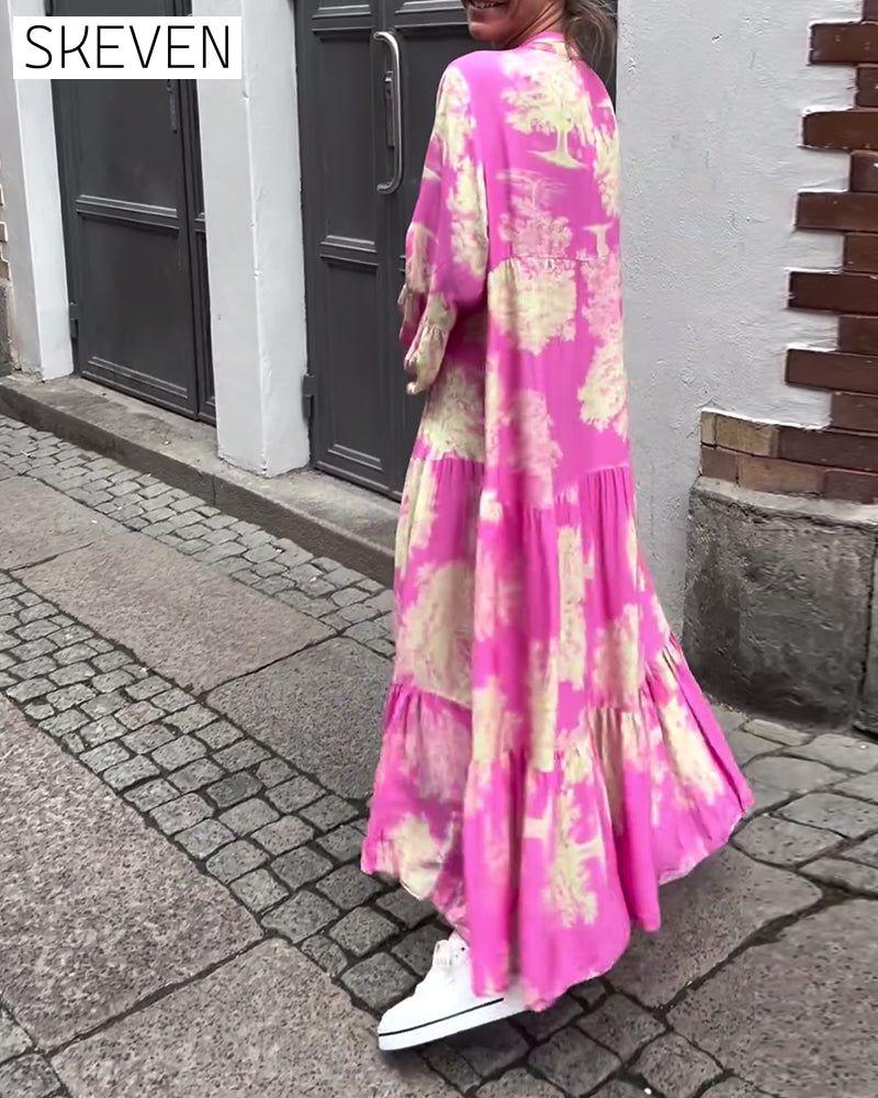 Loose printed V-neck bell sleeve patchwork dress