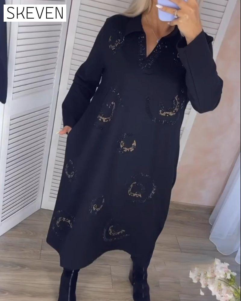 Lapel Long Sleeve Midi Dress