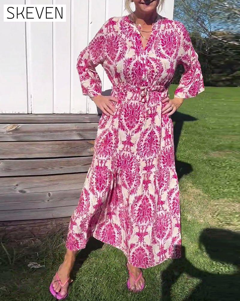 Bedrucktes Kleid mit Glockenärmeln und Kordelzug