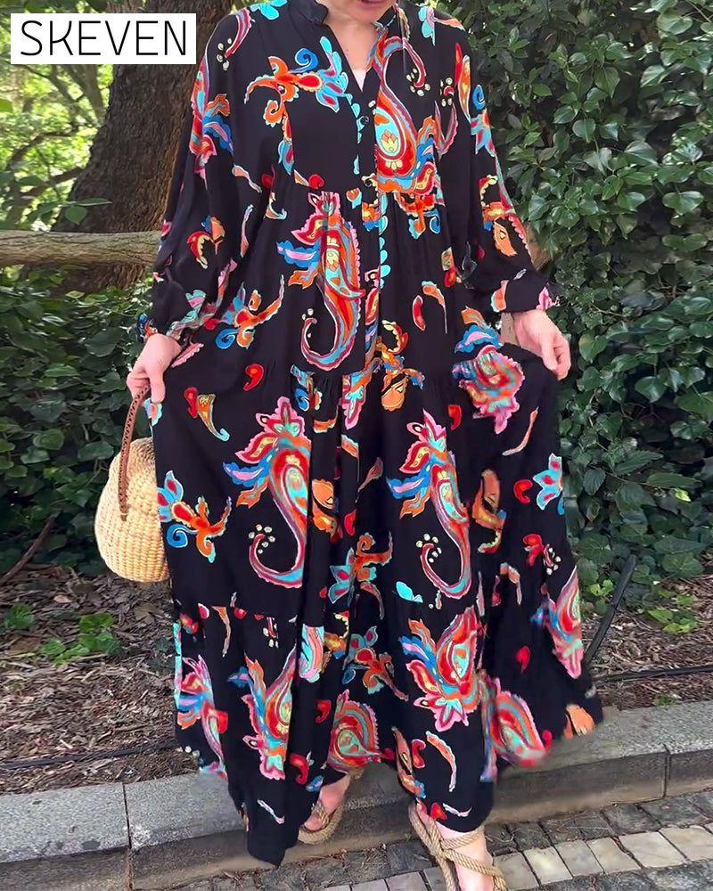 Vintage-Patchworkkleid mit Print und langen Ärmeln