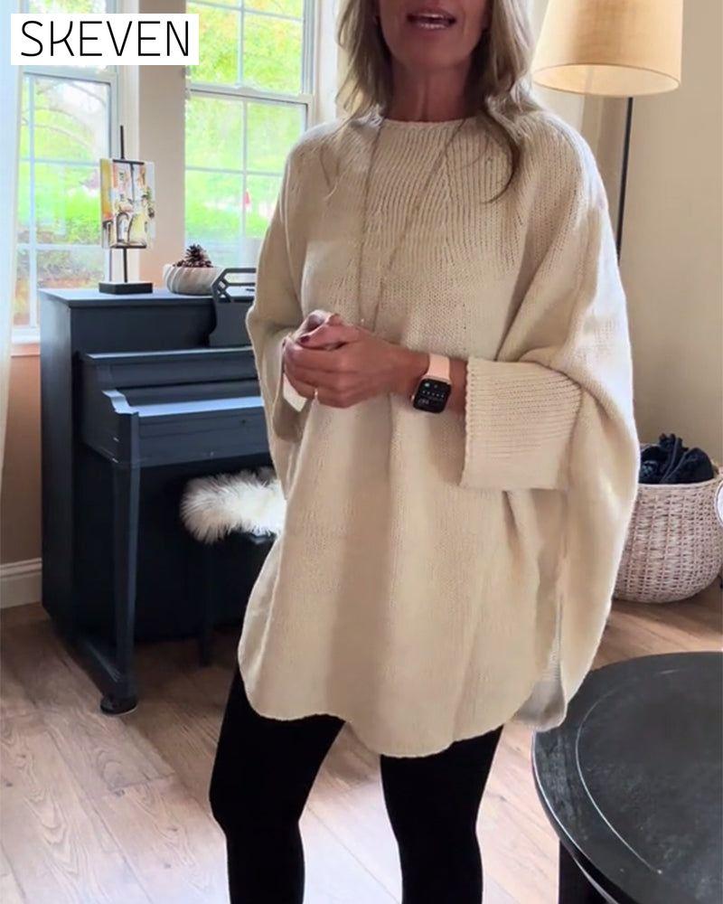 Fashion solid color bat sleeve round neck pullover