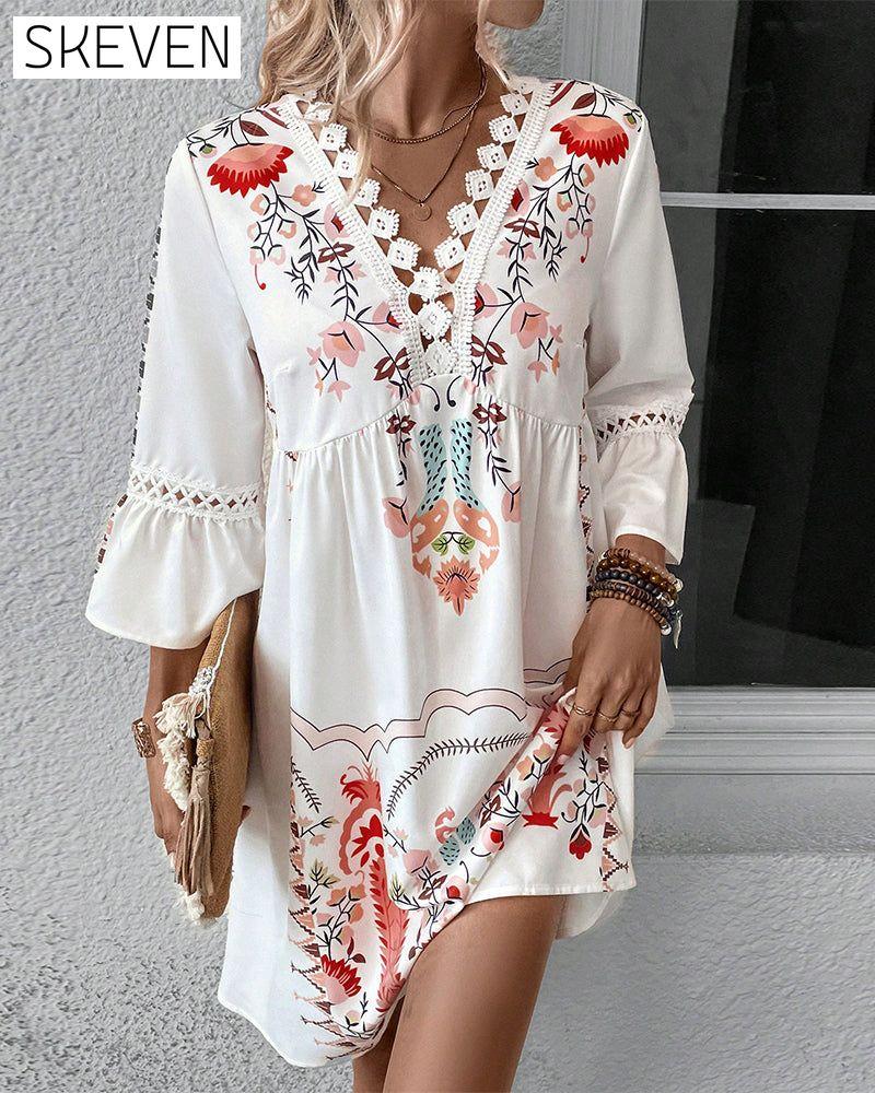 V-neck Lace Stitching Casual Versatile Printed Dress