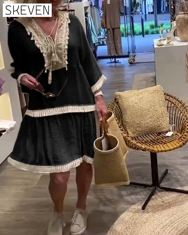 robe décontractée à franges et col en V en dentelle