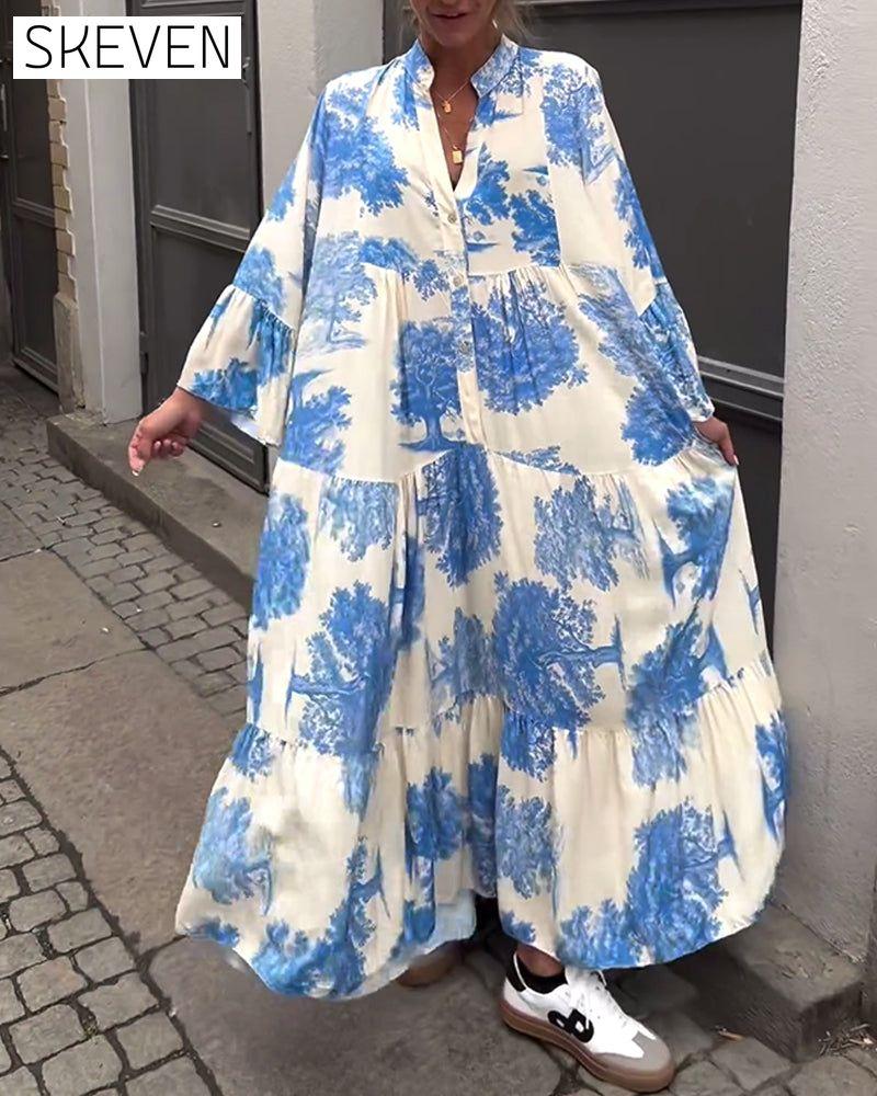Loose printed V-neck bell sleeve patchwork dress