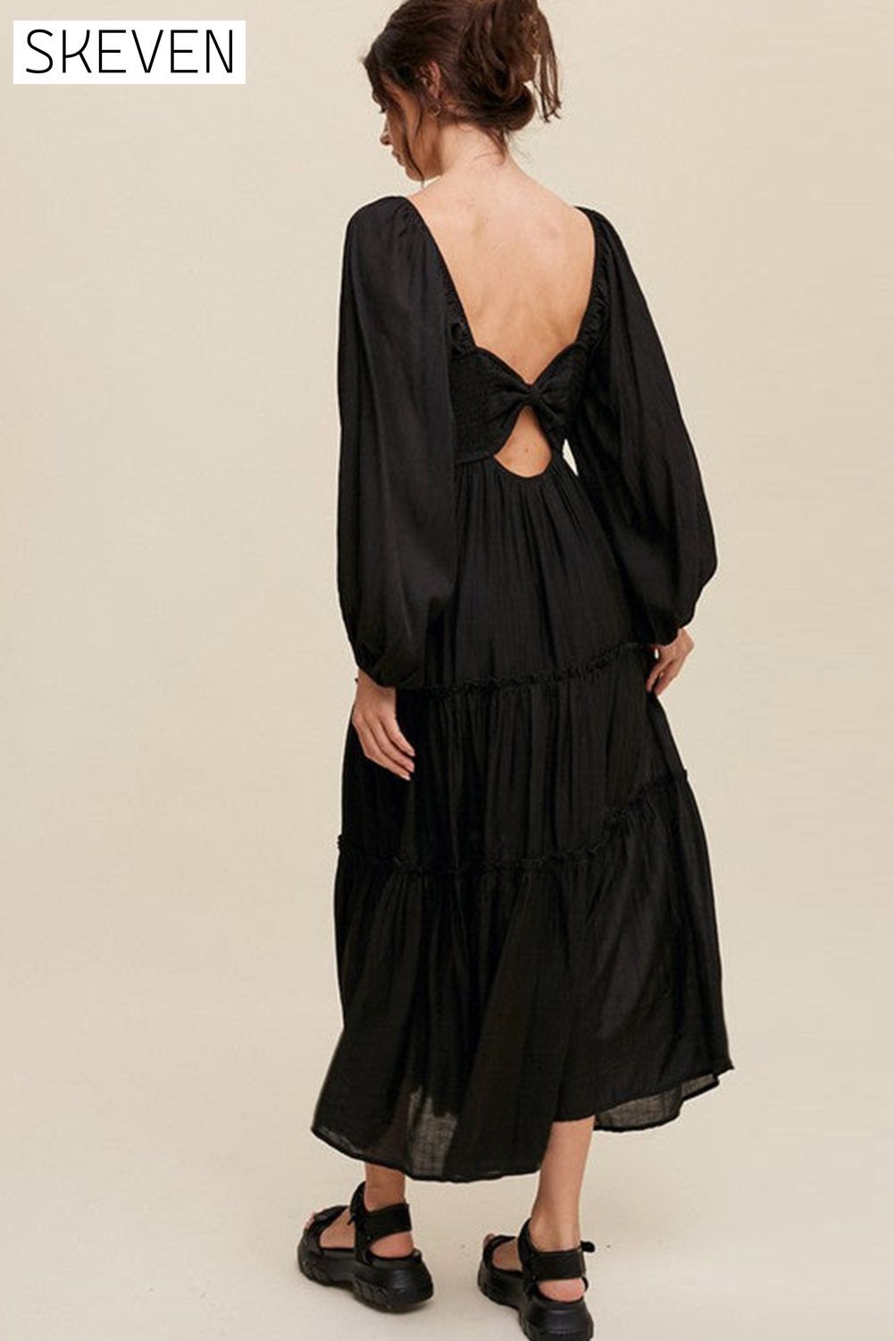 Black V Neck Bowknot Cutout Frill Tiered Maxi Dress All In Stock clothes dress dresses EDM Monthly Recomend Fabric Sheer long sleeve dress long sleeve dresses maxi dress maxi dresses Occasion Daily Print Solid Color Season Spring Silhouette A-Line Style Southern Belle