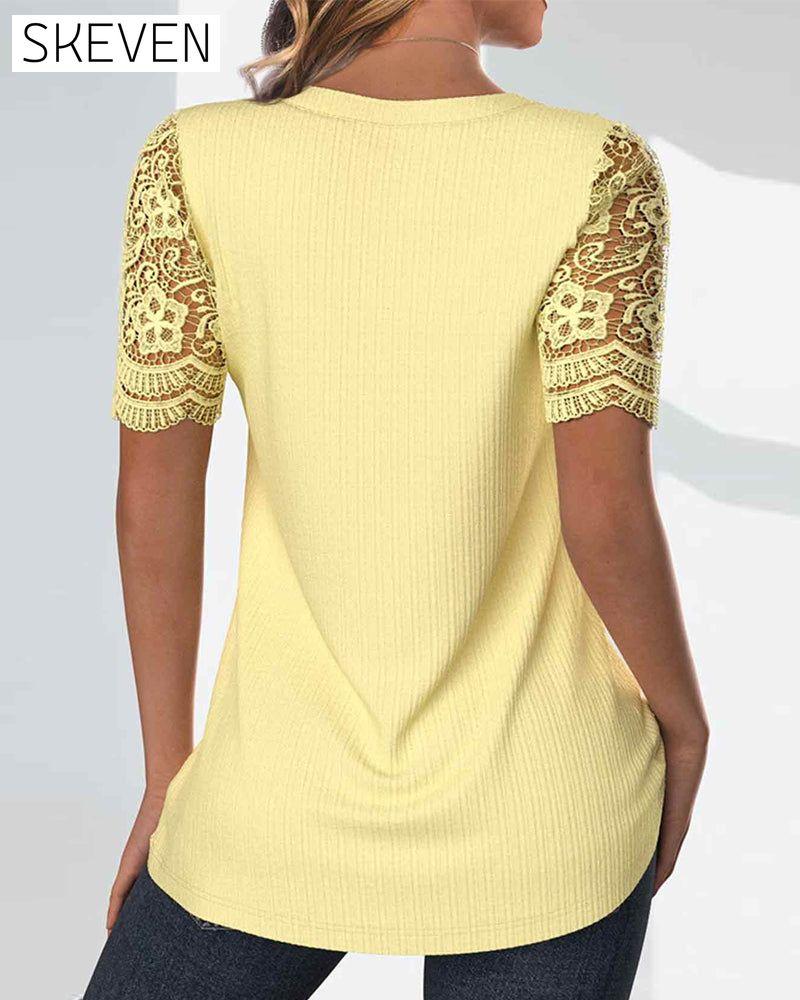 Short-sleeved lace patchwork top
